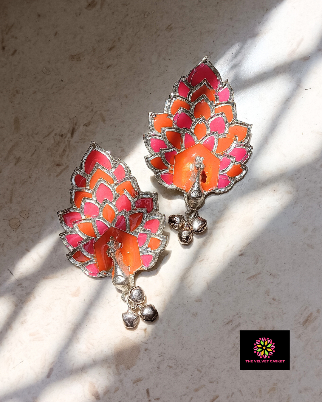 Dual Tone Peacock Earrings - Pink Orange