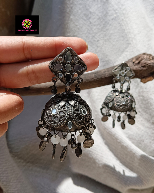 Varya : Black Metal Oxidised Mirror Jhumki