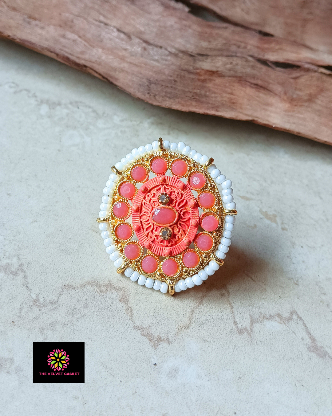 Orangish-pink Ethnic Adjustable Ring - Oval