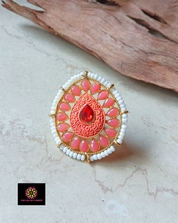 Orangish-pink Ethnic Adjustable Ring - Drop