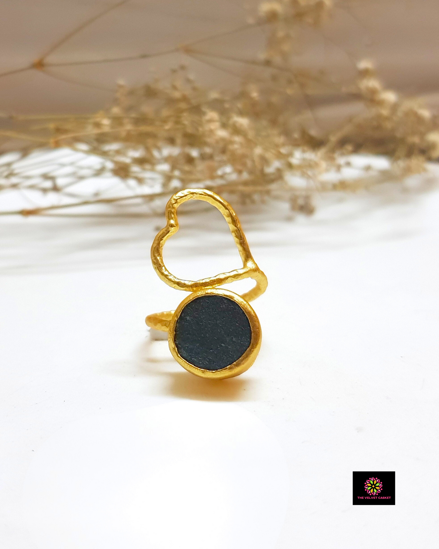 Lona Heart Raw Stone Brass Adjustable Ring