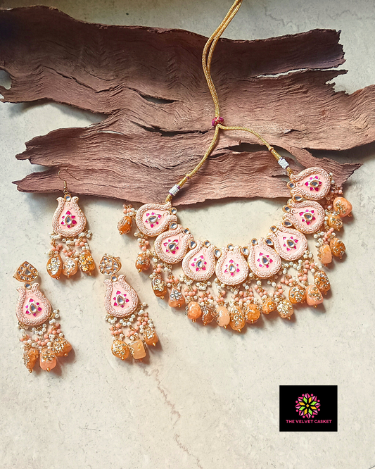 Nera : Meenakari Fusion Necklace Set - Baby Pink