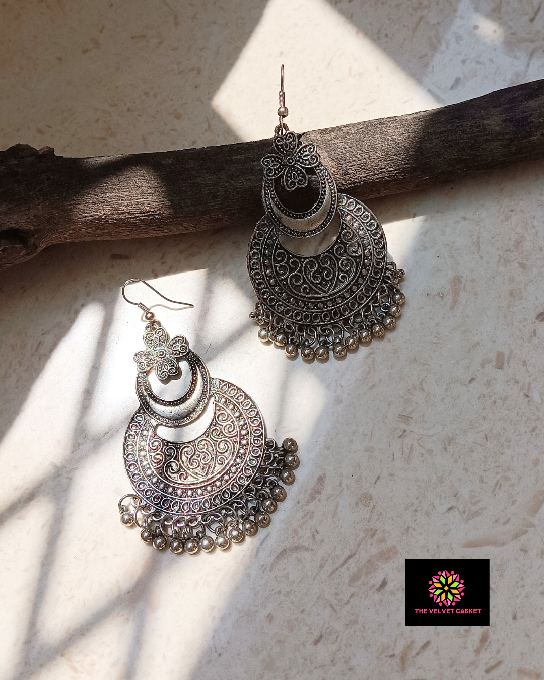 Chandbali Style Oxidised Carving Earring