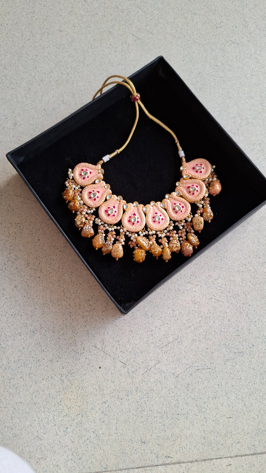 Nera : Meenakari Fusion Necklace Set - Baby Pink
